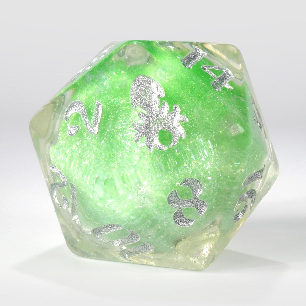 34mm Clear Liquid Core Green Glitter Single D20 with Silver Ink